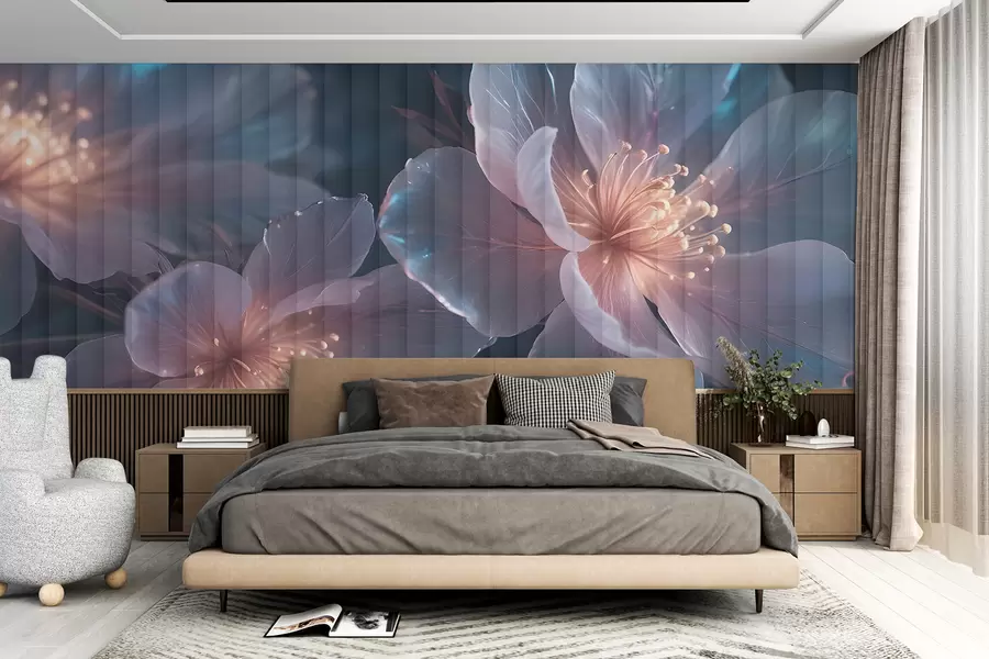 Wall Mural Photo Wallpaper Delicate pink and blue transparent flowers with soft, blurred petals and glowing centers against a dark background w08329