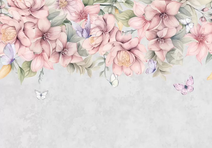 wall murals Soft pink and white florals with delicate flowers and leaves on textured gray background w08331