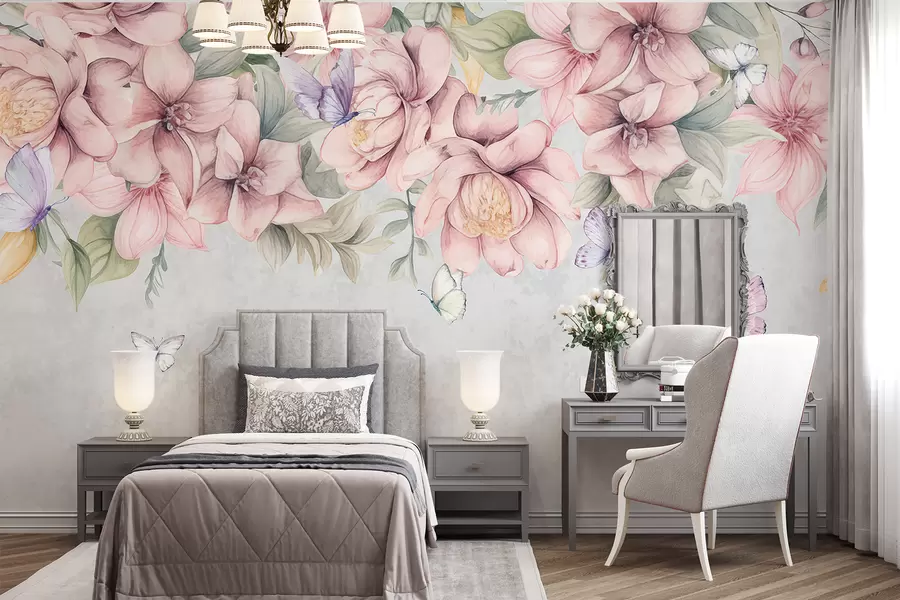murales Suaves flores rosas y blancas con delicadas flores y hojas sobre fondo gris texturizado w08331