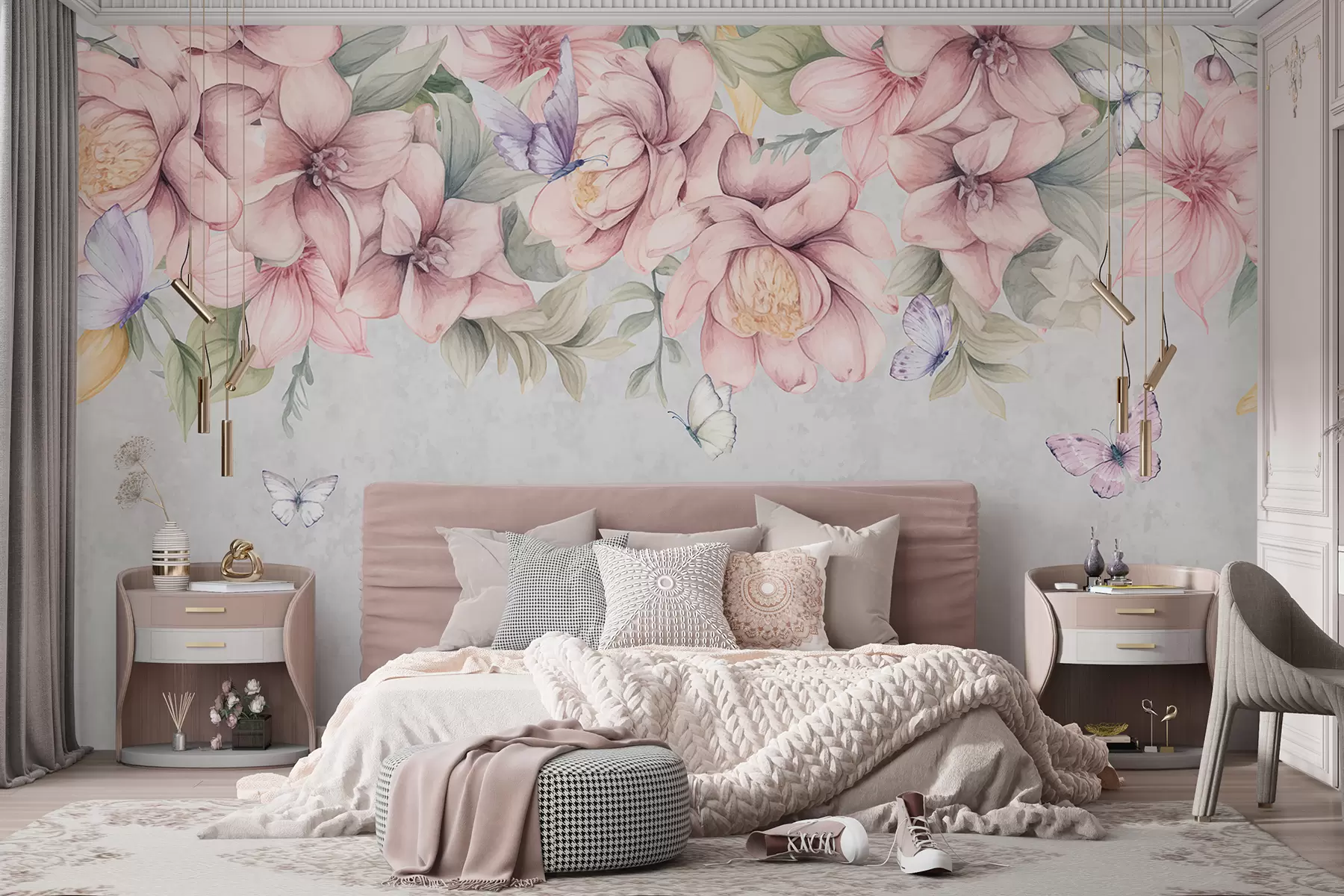 murales Suaves flores rosas y blancas con delicadas flores y hojas sobre fondo gris texturizado w08331