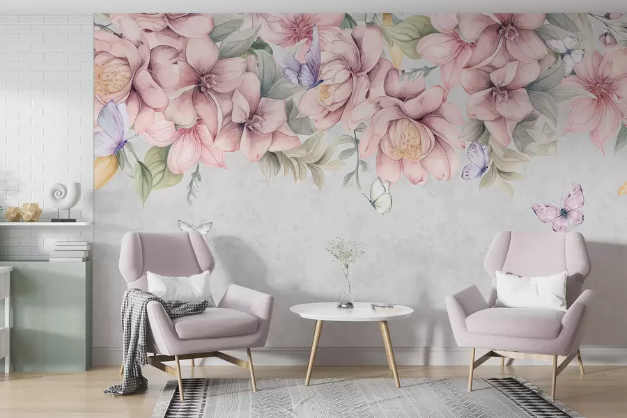 Wall Mural Photo Wallpaper Soft pink and white florals with delicate flowers and leaves on textured gray background w08331