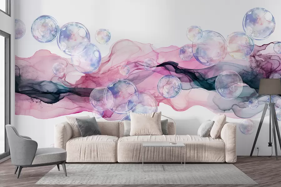 wall murals Colorful abstract fluid shapes with bubbles, swirls of pink, blue, and purple hues against a white background w08337