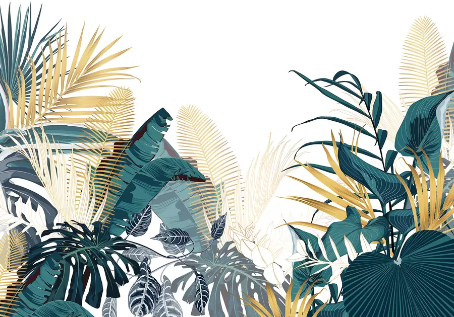 wall murals A tropical lush green foliage, including palm leaves, ferns, and other exotic plants in dark green and orange colors w08338