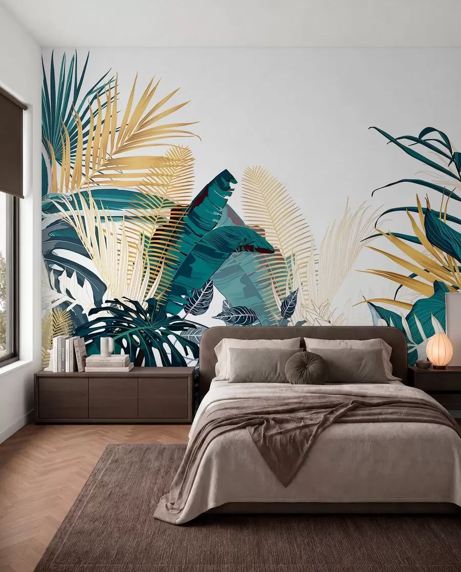wall murals A tropical lush green foliage, including palm leaves, ferns, and other exotic plants in dark green and orange colors w08338