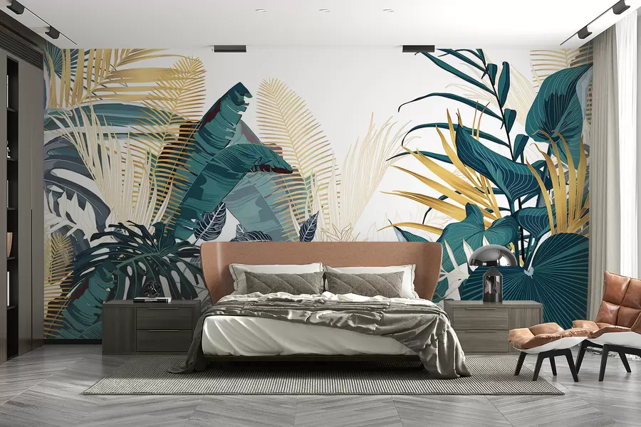 Wall Mural Photo Wallpaper A tropical lush green foliage, including palm leaves, ferns, and other exotic plants in dark green and orange colors w08338