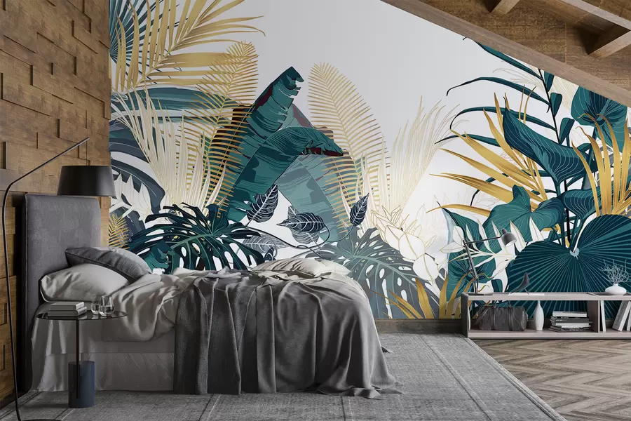 Wall Mural Photo Wallpaper A tropical lush green foliage, including palm leaves, ferns, and other exotic plants in dark green and orange colors w08338