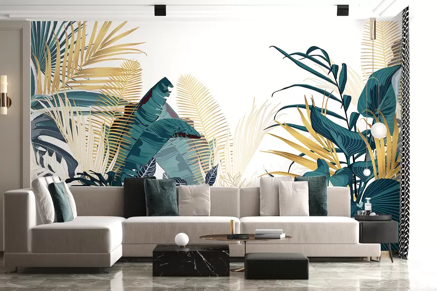 Wall Mural Photo Wallpaper A tropical lush green foliage, including palm leaves, ferns, and other exotic plants in dark green and orange colors w08338