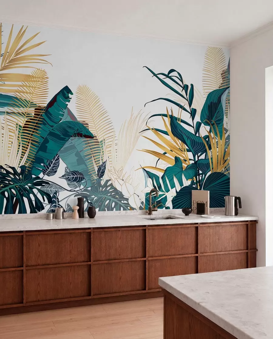 peintures murales Un feuillage tropical luxuriant, comprenant des feuilles de palmier, des fougères et d'autres plantes exotiques aux couleurs vert foncé et orange w08338