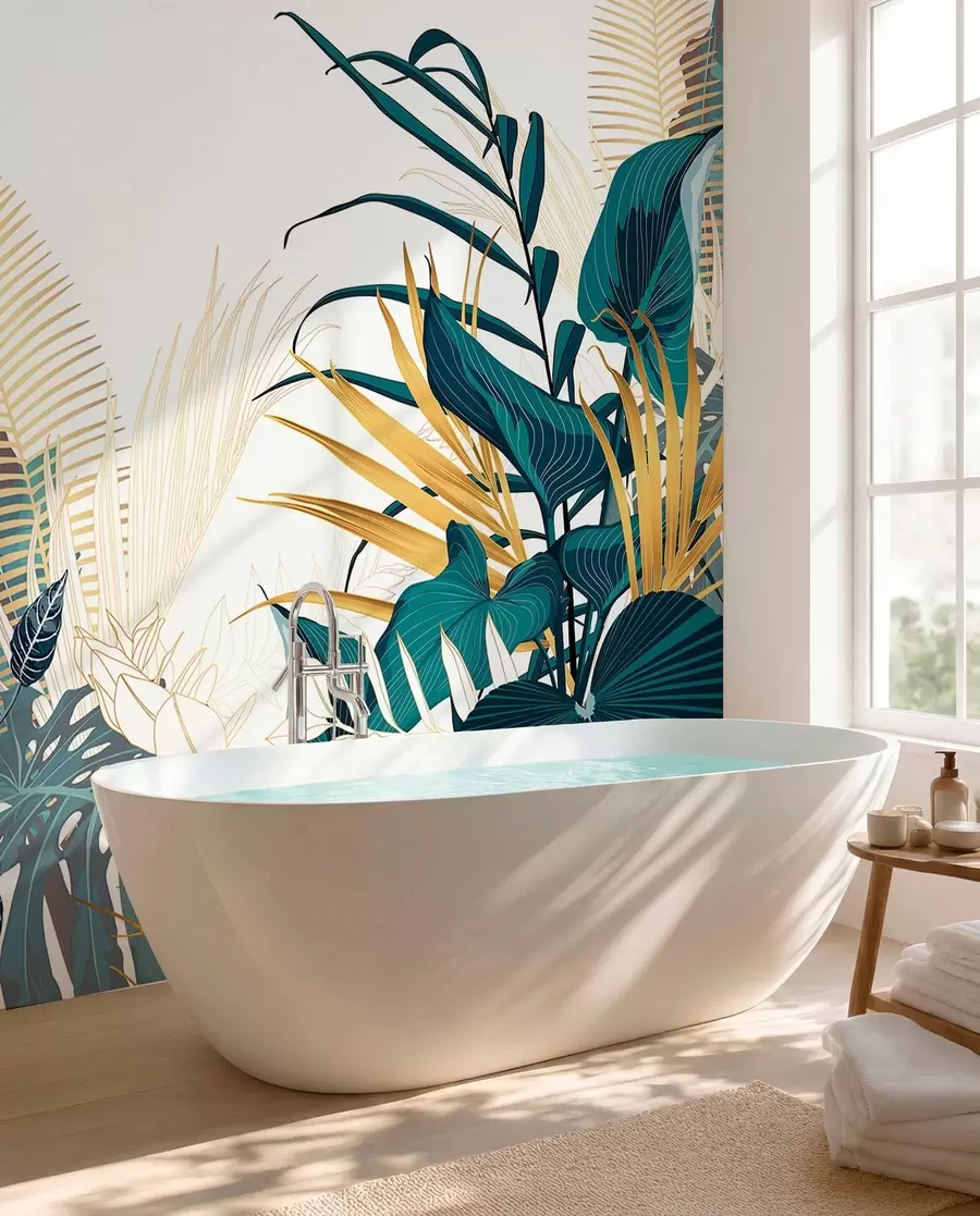 wall murals A tropical lush green foliage, including palm leaves, ferns, and other exotic plants in dark green and orange colors w08338