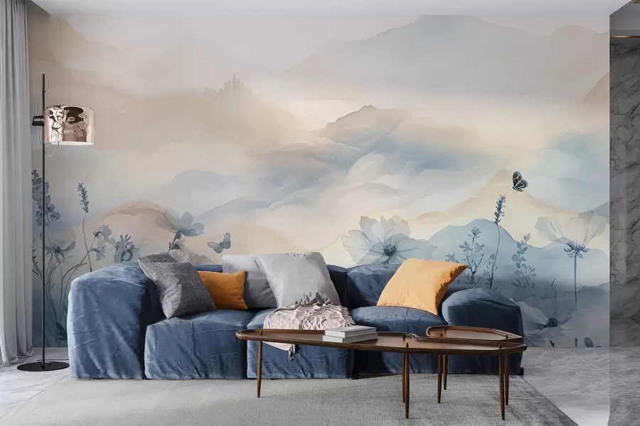 Wall Mural Photo Wallpaper A serene landscape with a misty mountain range in the background, surrounded by a field of delicate blue flowers w08339