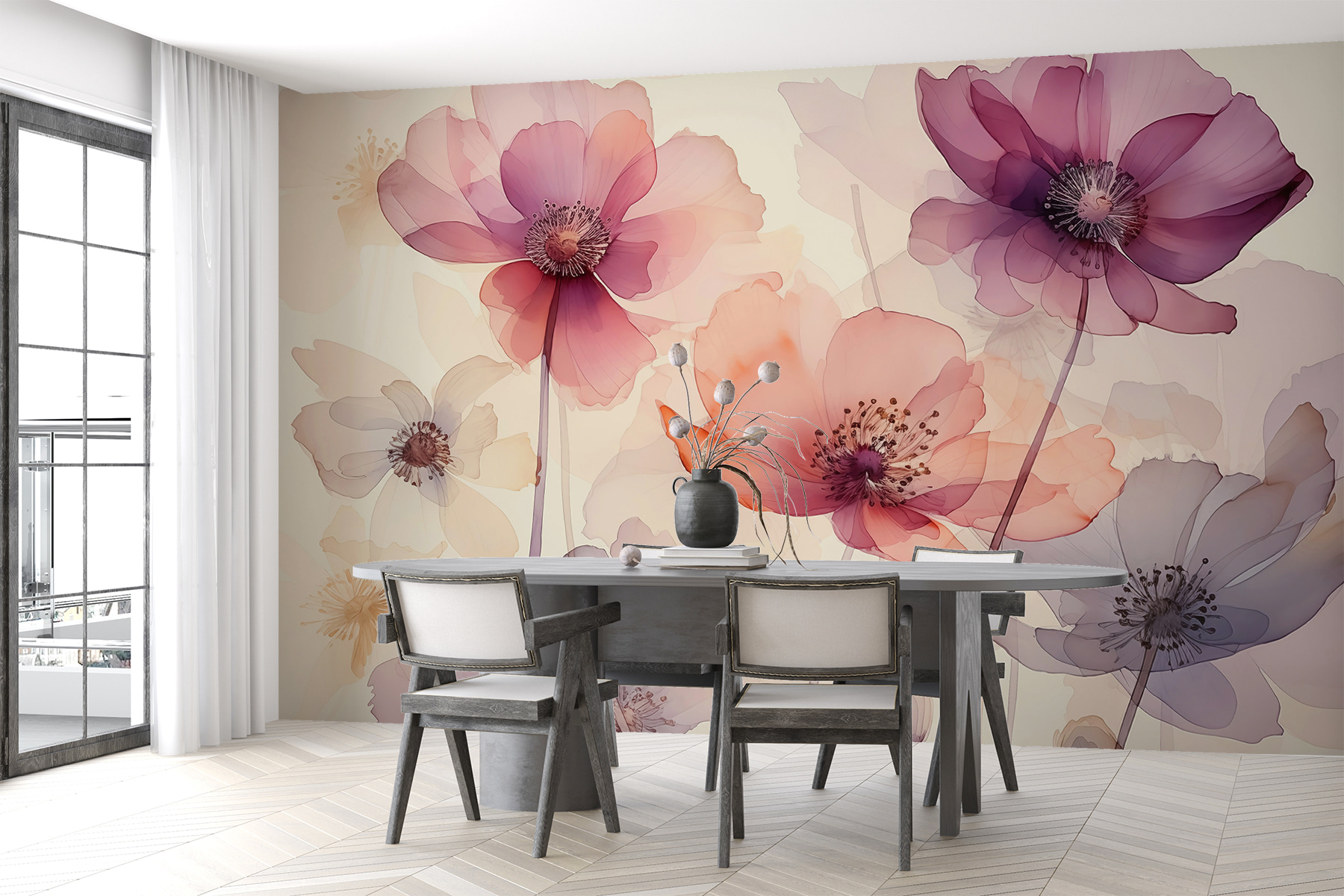 Wall Mural Peel and Stick Wallpaper Translucent flowers wet watercolor ...