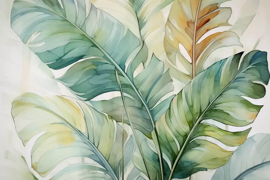 peintures murales Banane tropicale feuilles de palmier aquarelle mouillée w01775