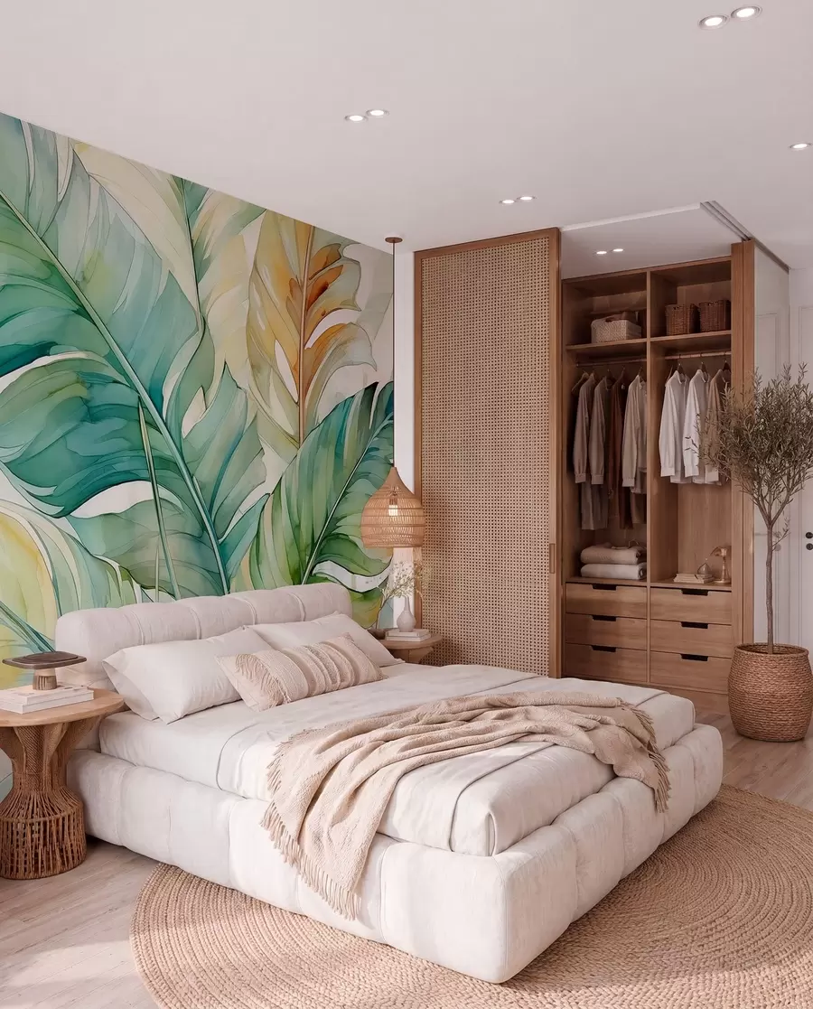 Wall Mural Photo Wallpaper Tropical banana palm leaves wet watercolor w01775