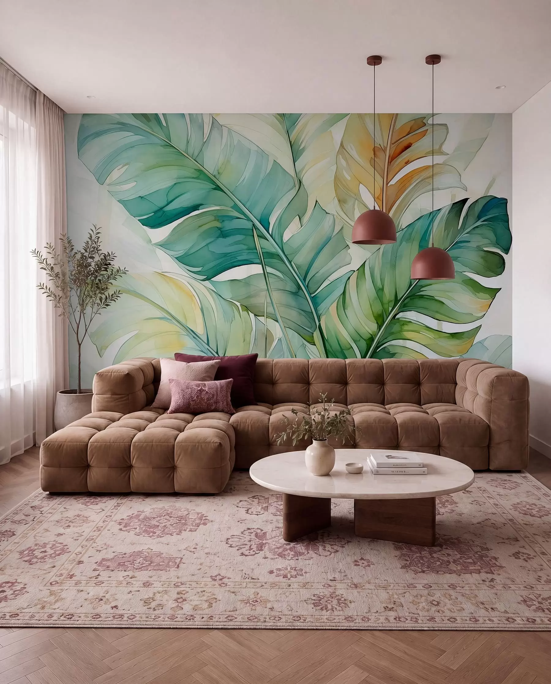 wall murals Tropical banana palm leaves wet watercolor w01775