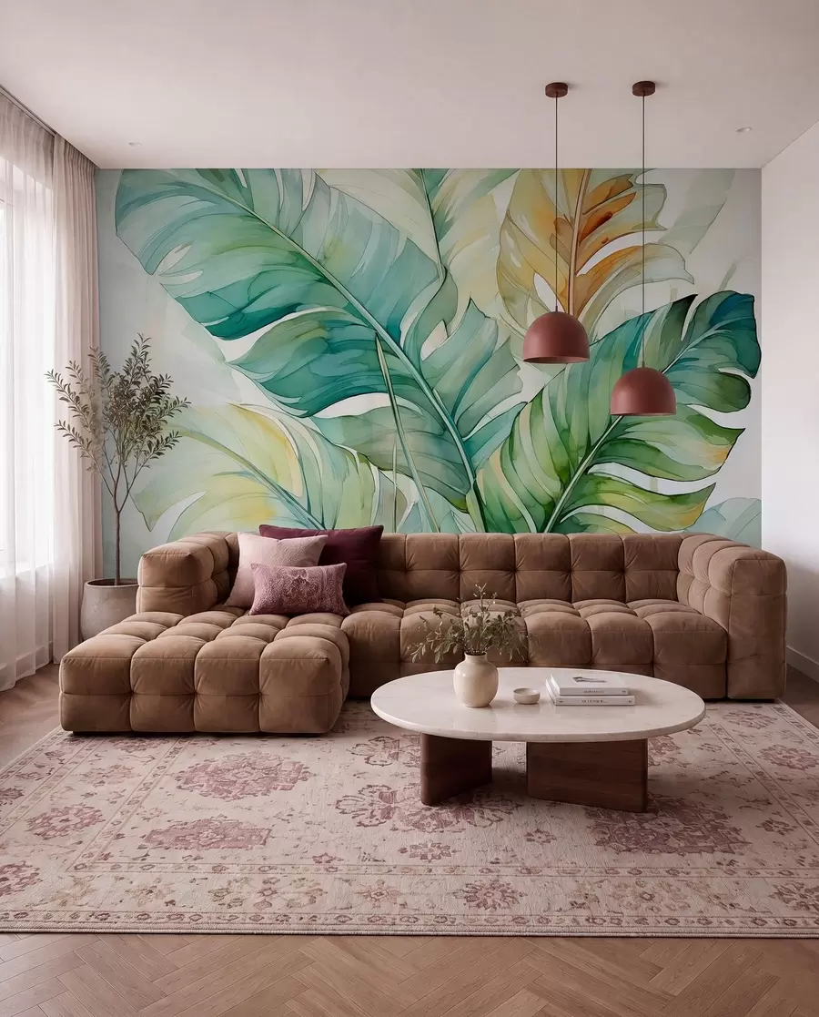 Wall Mural Photo Wallpaper Tropical banana palm leaves wet watercolor w01775