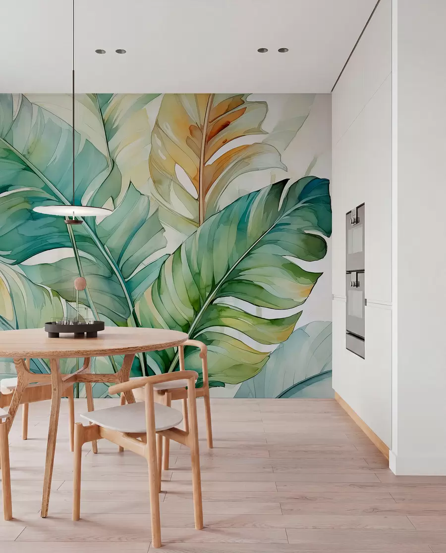 wall murals Tropical banana palm leaves wet watercolor w01775