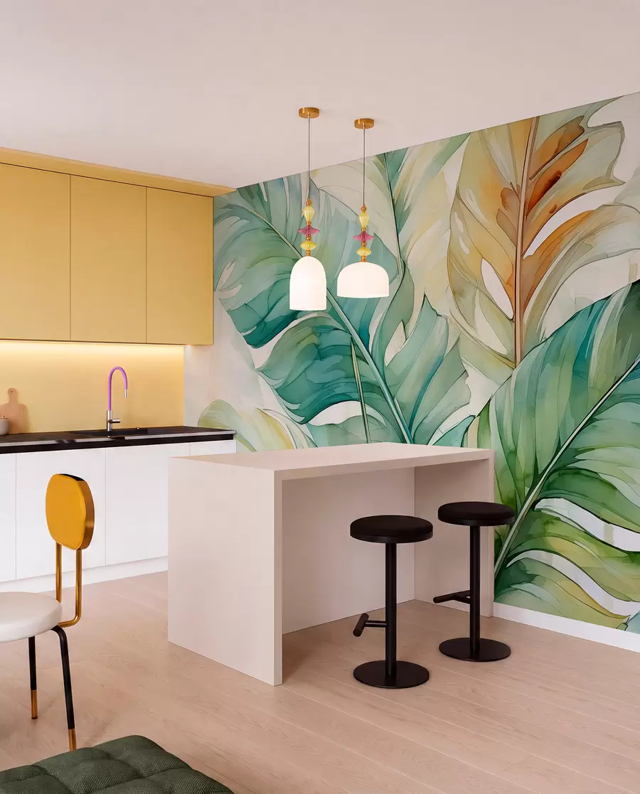 Wall Mural Photo Wallpaper Tropical banana palm leaves wet watercolor w01775