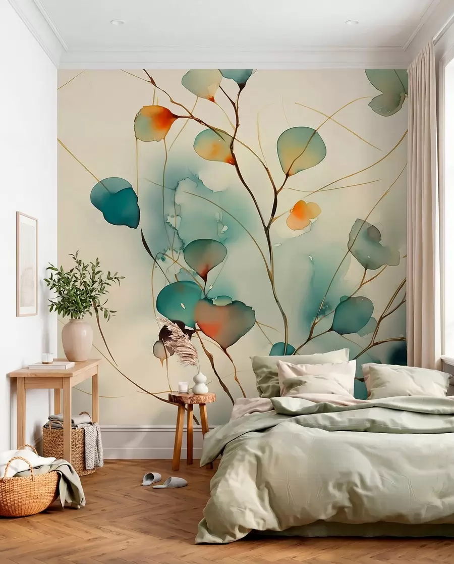wall murals Abstract branches with leaves blurred wet watercolor w01779