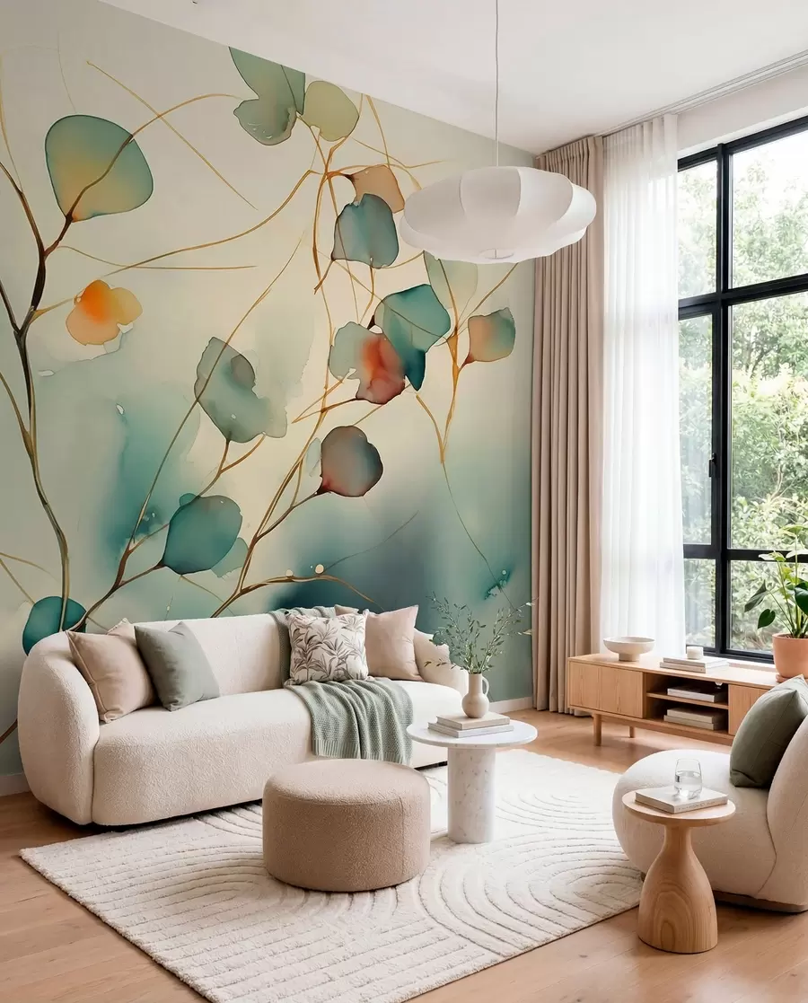 Wall Mural Photo Wallpaper Abstract branches with leaves blurred wet watercolor w01779