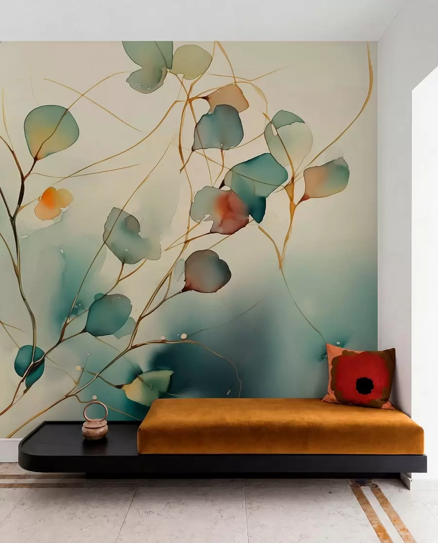 peintures murales Branches abstraites avec feuilles, aquarelle floue et humide w01779