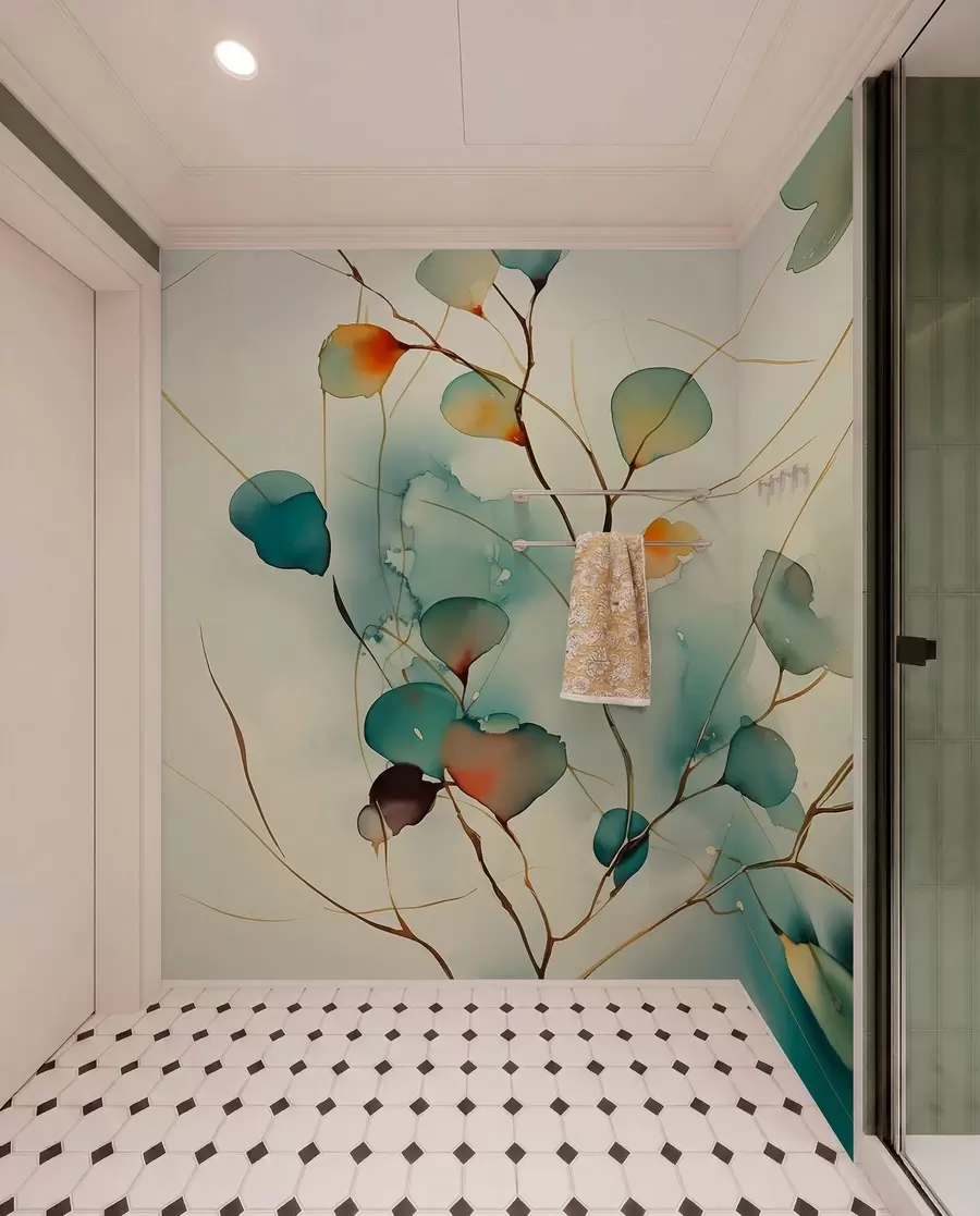 wall murals Abstract branches with leaves blurred wet watercolor w01779