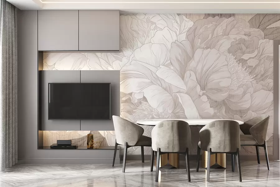 murales Grandes flores de peonía texturizadas en tonos beige w01141