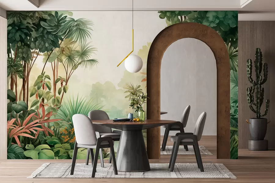Wall Mural Photo Wallpaper Watercolor jungle forest, palm trees, lake, greenery w01784