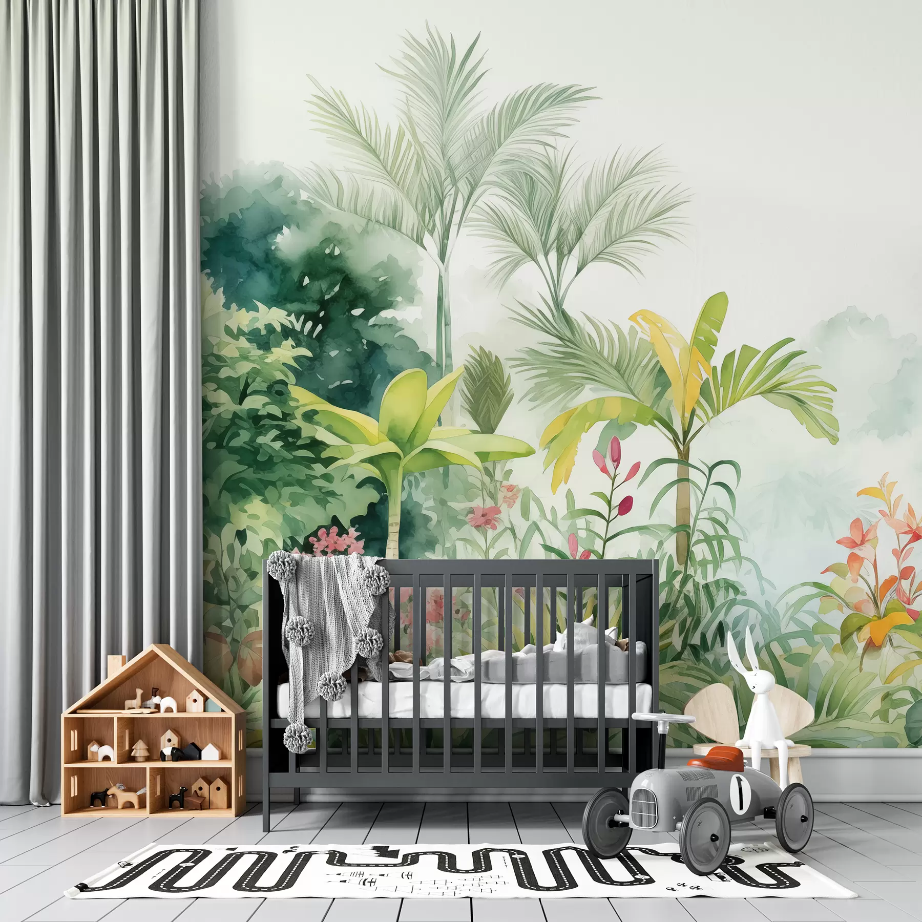 wall murals Jungle forest, watercolor, palm trees, floral, soft colors w01785