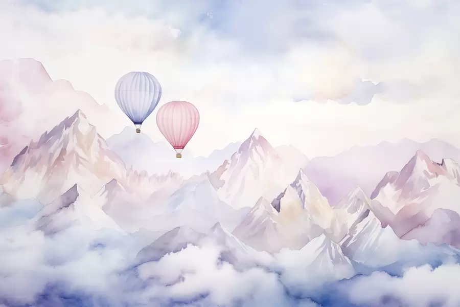 wall murals Watercolor mountains with air balloons, ethereal w01786