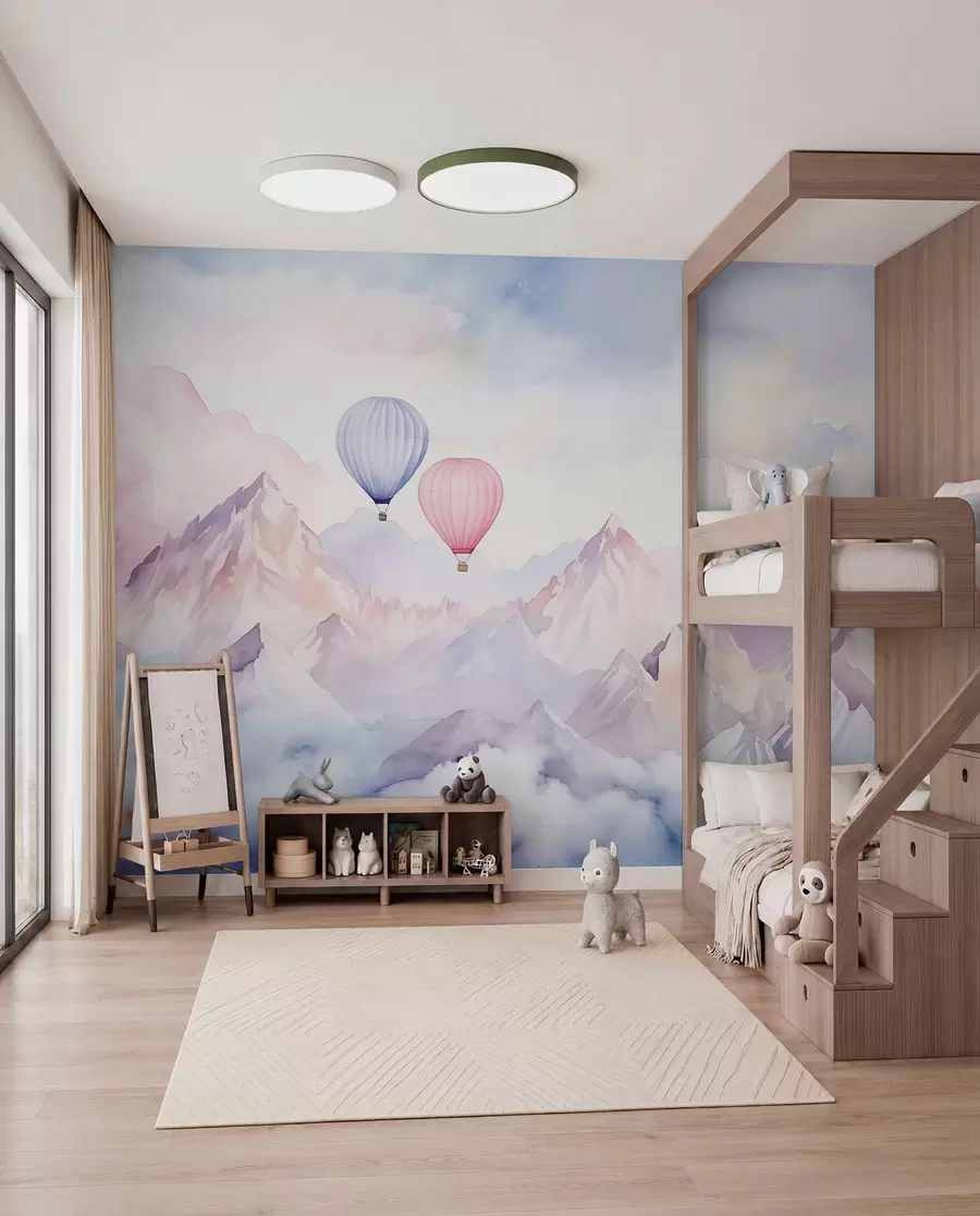 wall murals Watercolor mountains with air balloons, ethereal w01786