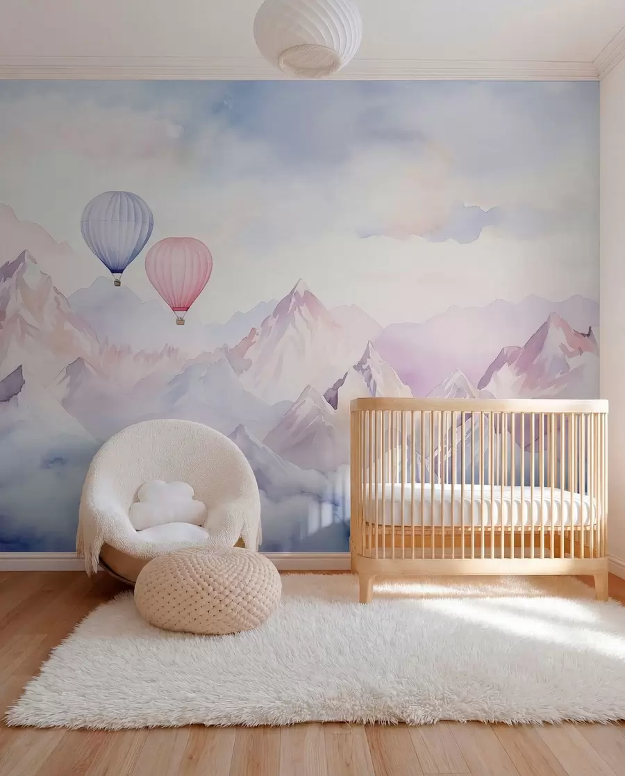 wall murals Watercolor mountains with air balloons, ethereal w01786