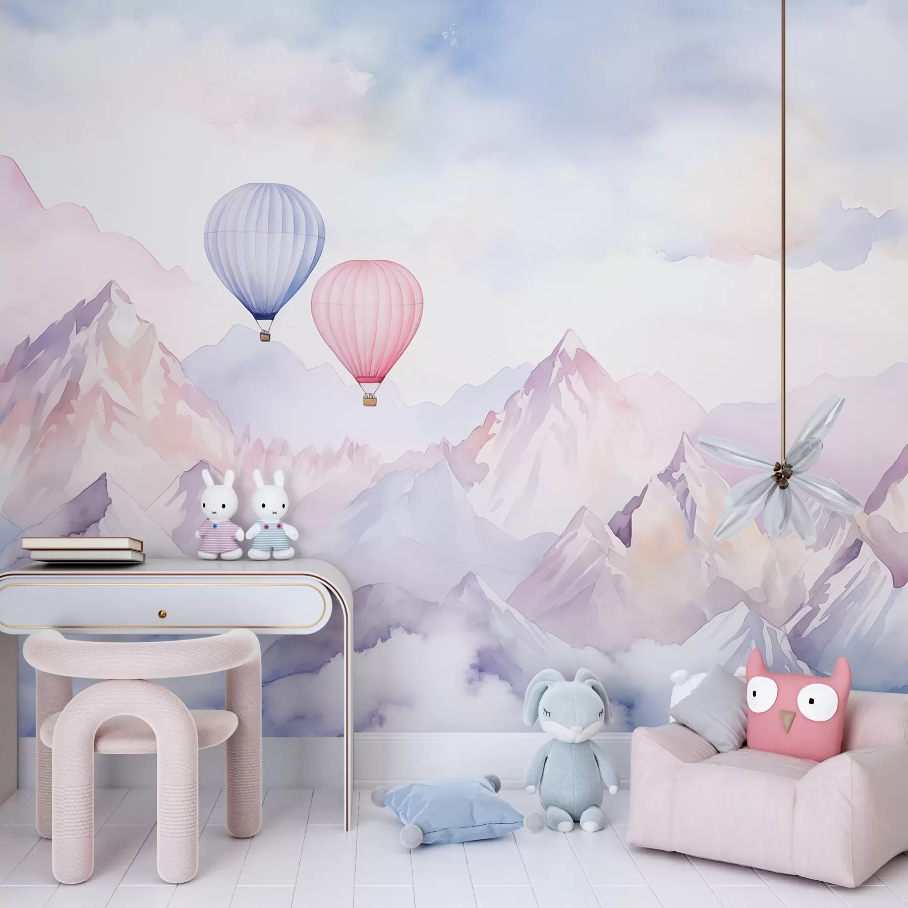 Wall Mural Photo Wallpaper Watercolor mountains with air balloons, ethereal  w01786