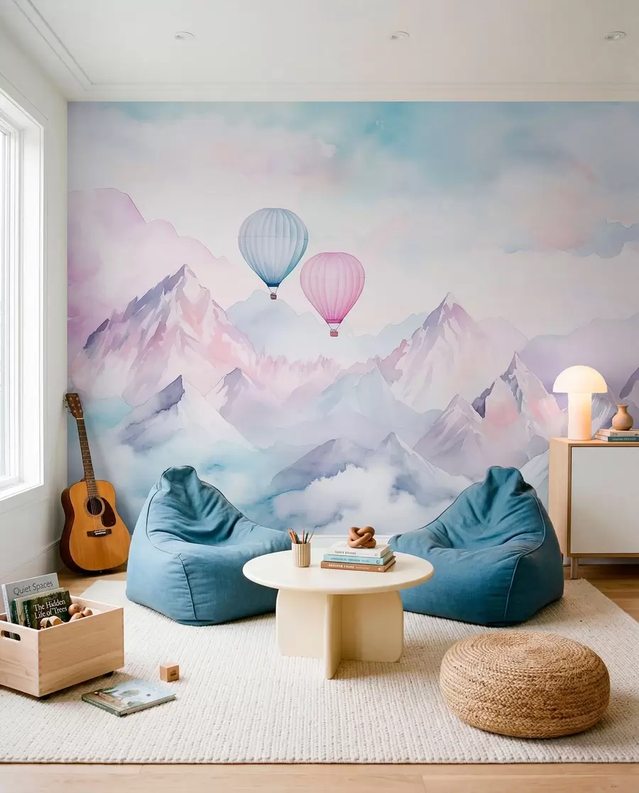 murales Acuarela montañas con globos de aire, etéreo, colores azules w01786v1