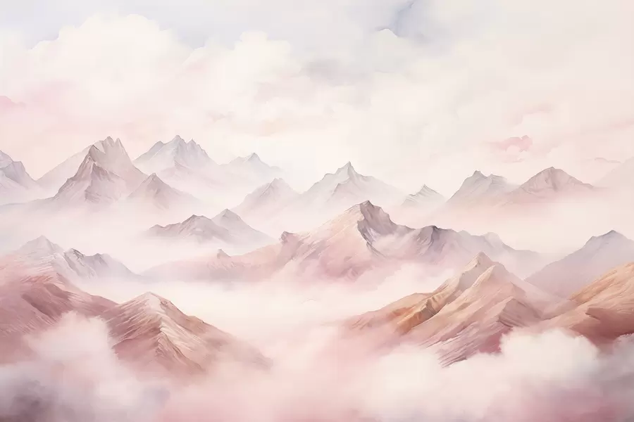 wall murals Mountains with clouds, watercolor, soft beige and pink  colors w01790