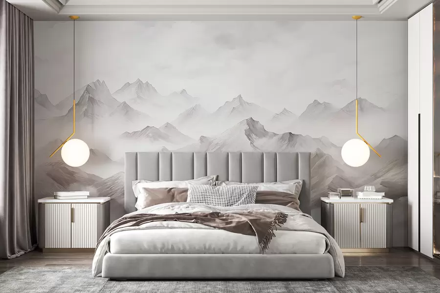 murales Montañas con nubes, acuarela, colores grises suaves w01790v1