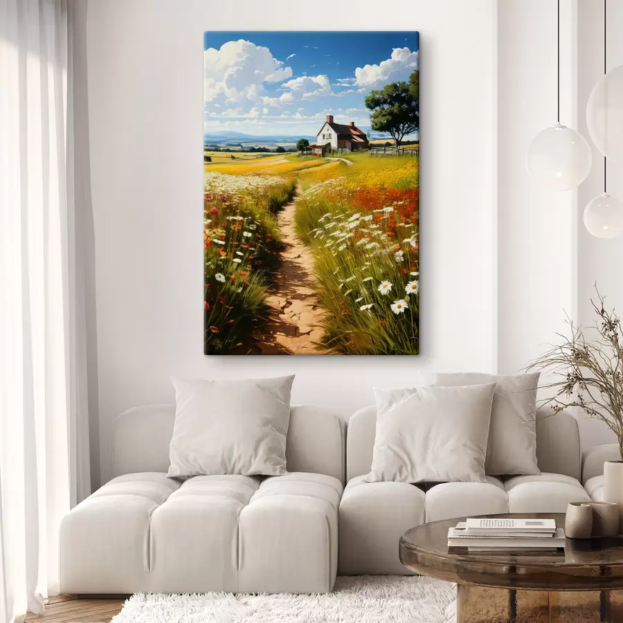 wall murals a path in a flowering field and a house s41109