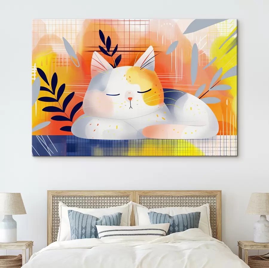 murales Un simpático gato durmiendo entre plantas en estilo gráfico s40956