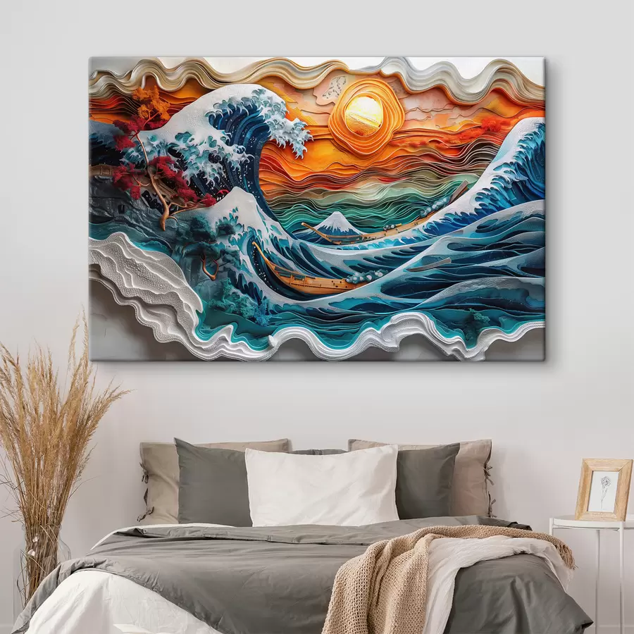 wall murals Bas-relief imitation: a raging ocean with boats and the sun s40976