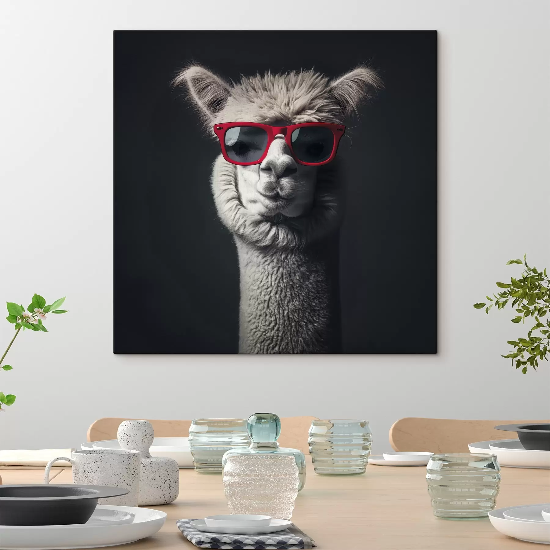 wall murals Gray llama in red glasses s40996