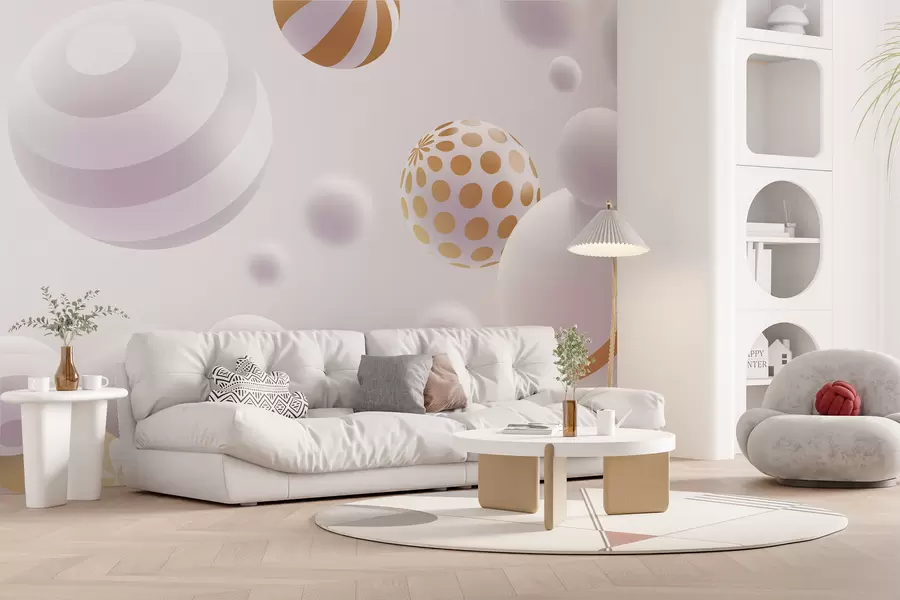 Wall Mural Photo Wallpaper Volumetric 3D-style flying spheres in light gray tones with orange accents w01148
