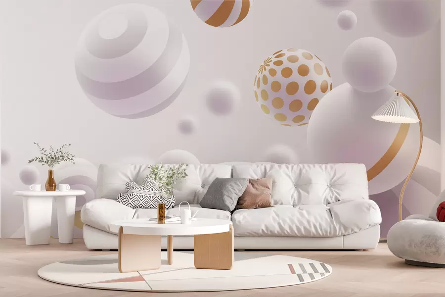 murais de parede Esferas voadoras volumétricas de estilo 3D em tons de cinzento claro com toques de laranja w01148