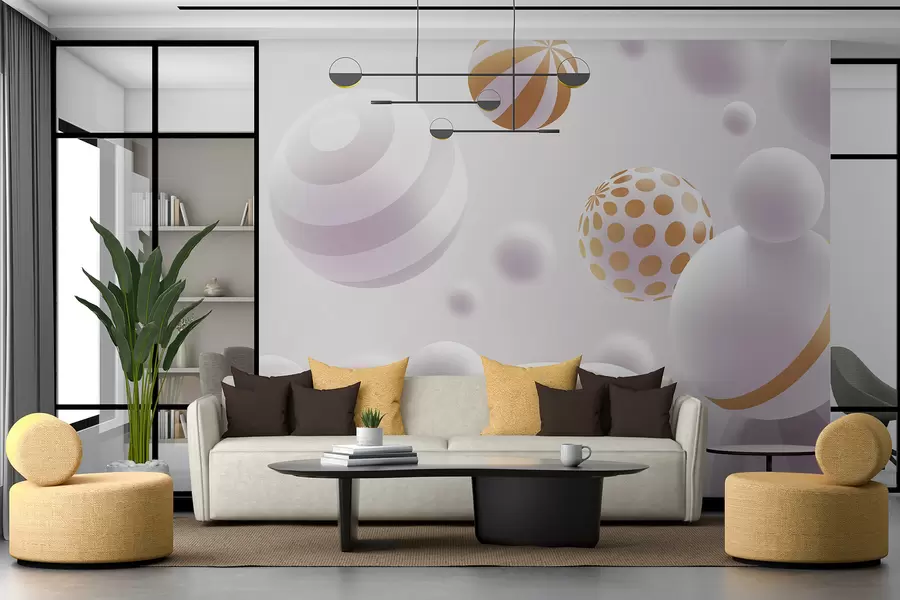 Wall Mural Photo Wallpaper Volumetric 3D-style flying spheres in light gray tones with orange accents w01148