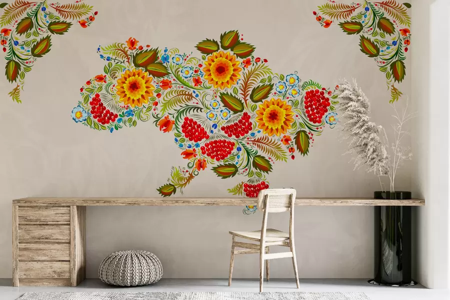 Wall Mural Photo Wallpaper Map of Ukraine in the style of Petrikov painting on a light beige background w01149