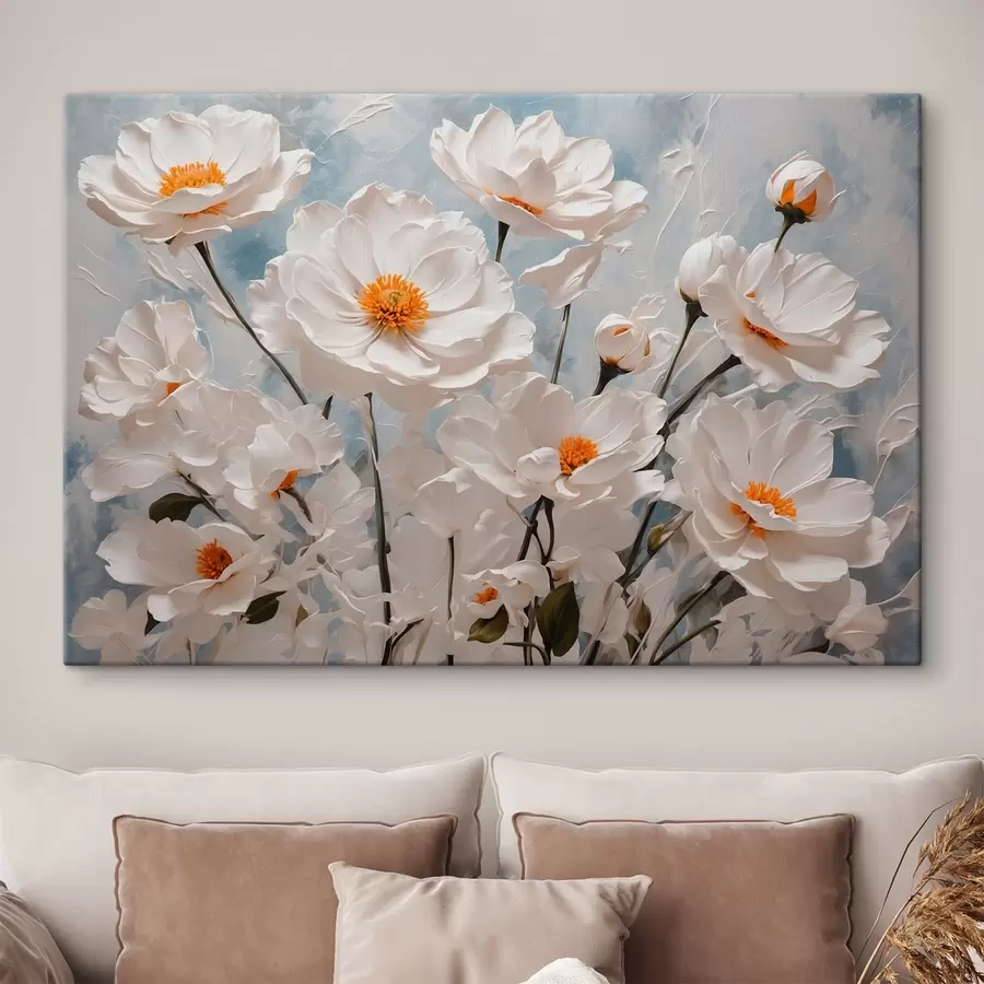 wall murals White flowers on blue-white oil background s41041