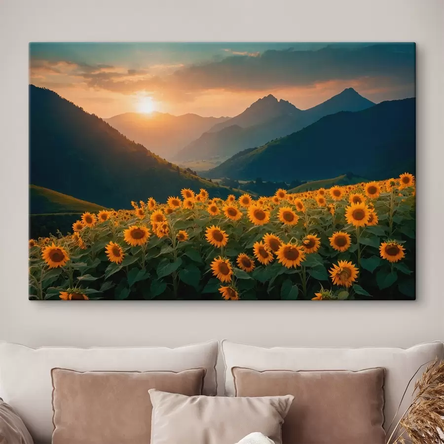 wall murals Sunflowers against mountains s41049