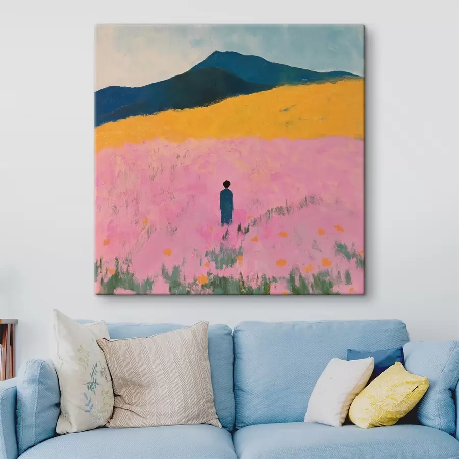 murales Un hombre en un campo con flores rosas s41164