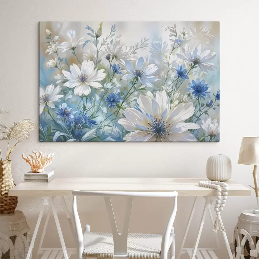 wall murals A field of white and blue daisy-like flowers with green leaves and stems against a soft, blurred background s41086