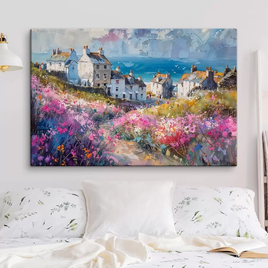 wall murals A colorful oil painting coastal town with white houses and a vibrant flower garden in the foreground s41090