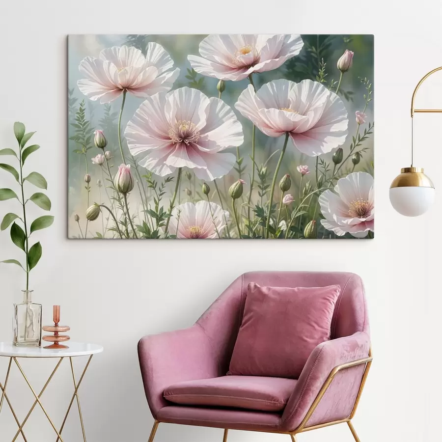 wall murals A field of delicate, pale pink poppy flowers with soft, wispy petals against a blurred green background s41094
