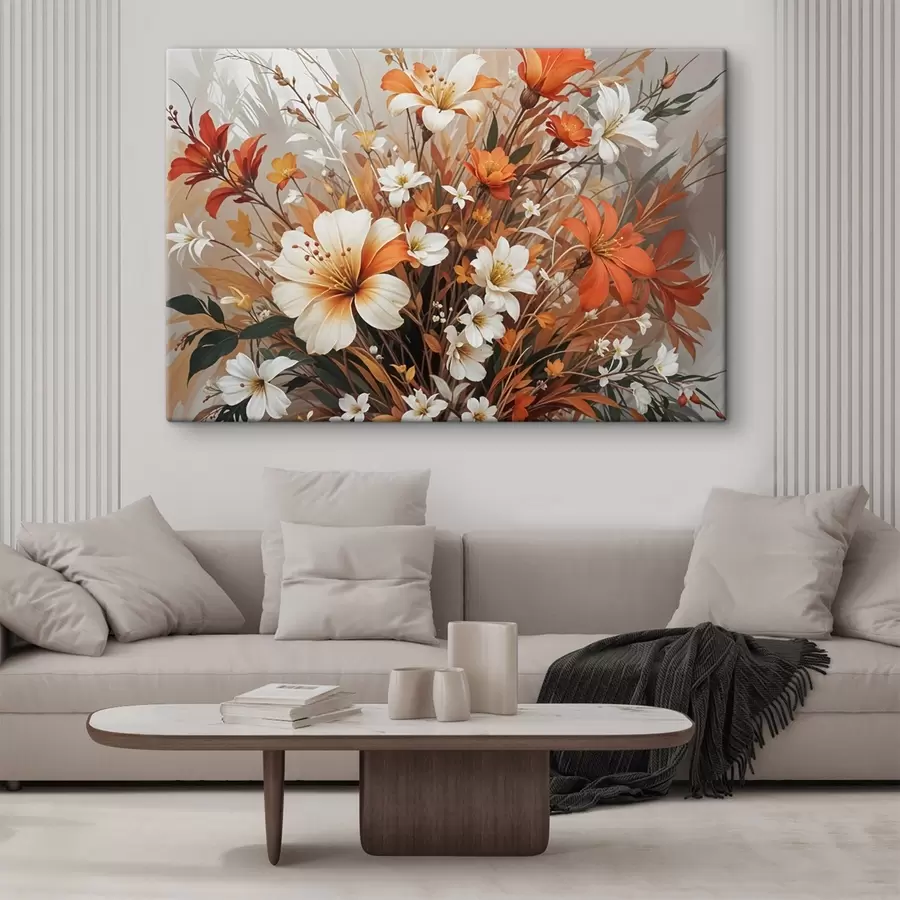 wall murals A vibrant bouquet of orange and white flowers, including lilies and other delicate blooms s41099